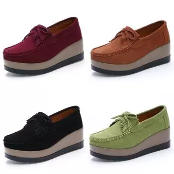 luxury 2024 Spring Autumn Women Suede Genuine Leather Wedge Shoes Lady Female Loafers Sweet Tassel Slip-ons Platform Moccasins 35 зелёный