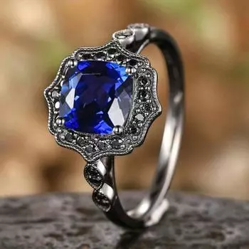 Luxury 2025 New Ins European and American Retro Gun Black Ring, Fashionable Inlaid Blue Zircon Jewelry for Women No. 6