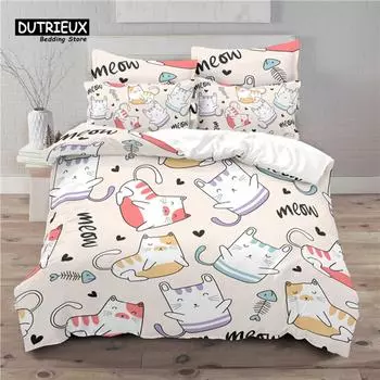 Luxury 3D Cute Cat Print Home Living Comfortable Duvet Cover Pillowcase Kids Bedding Set Queen and King EU/US/AU/UK Size EU single(135x200cm)