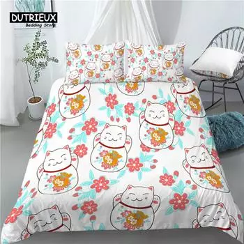 Luxury 3D Lucky Cat Print Home Living 2/3Pcs Comfortable Duvet Cover PillowCase Bedding Set Queen and King EU/US/AU Size EU single(135x200cm)