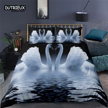 Luxury 3D White Swan Print Home Living Duvet Cover Pillowcase Kids Bedding Set Queen and King EU/US/AU/UK Size Bedding Sets EU single(135x200cm)
