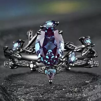 Luxury Branch Crossed Retro Gun Black Pair Ring, Inlaid Colorful Stone Ladies Ins Thorns Ring No. 6