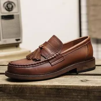 Роскошные брендовые мужские повседневные кожаные мокасины для офиса, деловые туфли для вождения, мягкие туфли без застежек, классические модные туфли с кисточками для мужчин 38 чёрный