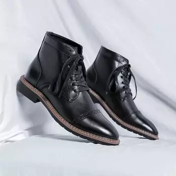 Luxury Brand Men Motorcycle Boots Fashion New Mid Top Lace Up Leather Shoes Classic Black High Top Mens Casual Boot Size 38-44 38 чёрный