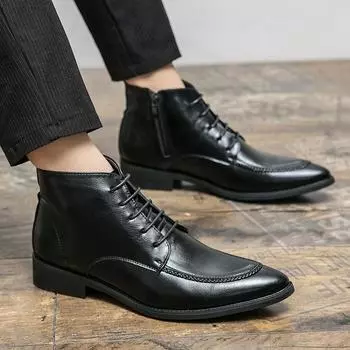 Luxury Brand Men s Boots Chelsea Boots Lace Up Fashion Thick Sole Pointed Toe Designer Leather Boots High Quality Knight boots 38 чёрный