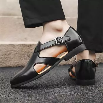 Luxury Brand Mens High Quality Sandals Outdoor Comfy Business Leather Casual Shoes Hollow Out Breathable Dress Sandals Mocassin 38 чёрный