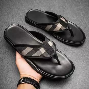 Luxury Brand Mens Slippers Fashion Leather Flip Flops Outdoor Non-slip Men Slipper High Quality Light Summer Casual Beach Sandal 38 чёрный