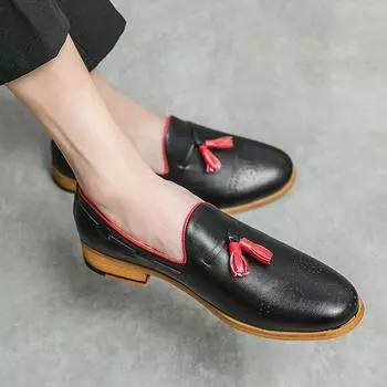 Luxury Brand Slip-on Loafers Men Shallow Mouth Thick Bottom Pointed Toe Designer Men Shoes Tassel Brooch Moccasin Leather Shoes 38 чёрный