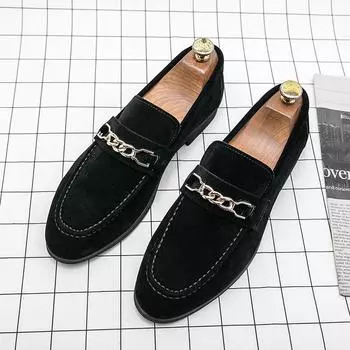 Luxury Brand Suede Men s Loafers Slip-on Fashion British Style Nubuck Leather Shoes Pointed Toe Thick Sole Black Designer Men s 38 чёрный