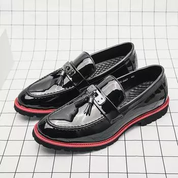 Luxury Casual Shoes Thick Bottom Patent Leather Loafers Slip-On High Quality Leather Shoes Fashion Moccasins Men s Dress Shoes 38 чёрный