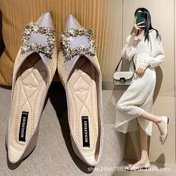 Luxury Crystal buckle satin flats woman espadrilles shallow loafers sneakers women shoes pointed toe moccasins plus size 35-43 5 абрикосовый
