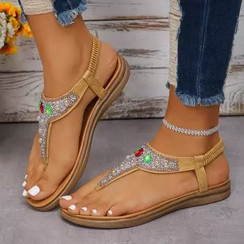 Luxury Crystal Flat Sandals Women 2024 Summer Mix Color Non-Slip Clip Toe Sandaliad Mujer Slip-On Bling Rhinestones Beach Shoes 36 чёрный