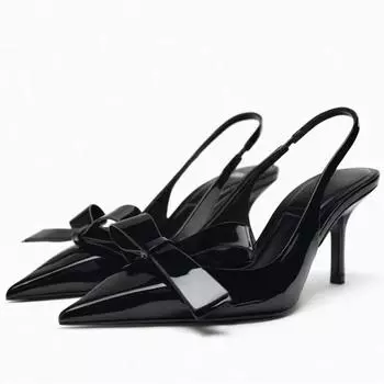 Роскошные дизайнерские черные сексуальные туфли на тонком высоком каблуке с острым носком, женские модные босоножки с открытым носком и бантом, туфли для банкета, женские туфли-лодочки 36 чёрный