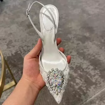 Luxury Diamond Pearls Lace Mesh Women Pumps Elegant Pointed toe Thin High heels Fashion Summer Slingbacks Wedding Party Shoes 35