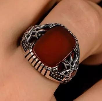 Luxury Direct Men s Alloy Inlaid Red Imitation Chalcedony Men s Ring, Punk Style Hand Jewelry No. 6