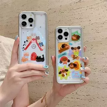 Роскошный прозрачный чехол TPU с гальваническим покрытием и рисунком милого котенка-щенка для iPhone 15 Pro Max 14 13 12 Pro Bow All-Wrap для защиты от падений iPhone 15 Pro Max