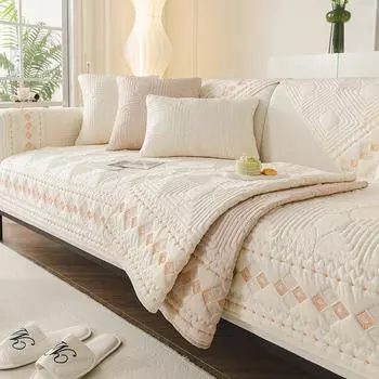 Luxury Embroidery Quilted Cotton Sofa Cover 3 4 Seater Non Slip Anti Cat Living Room Couch Slipcover for All-season 70x70cm 1pc