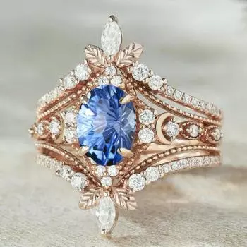 Luxury European and American Flower Pair Ring, Blue Zircon Crown Ring, Female Ring. No. 6