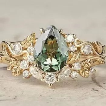 Luxury European and American Ins New Inlaid Light Green Crystal Set Ring, Gold Leaf Flower Pair Ring No. 6