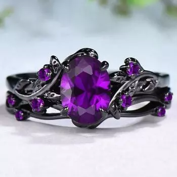 Luxury European and American Retro Purple Gemstone Ring, Gun Black Rose Branch Cross Ring Girl No. 6