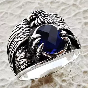 Luxury European and American Retro Trendy Men Domineering Inlaid with Blue Gemstone Rings, Punk Men s Eagle Wings Ring No. 7