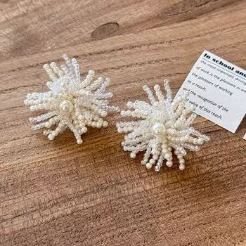 Luxury Fancy Pearl Fireworks Stud Earrings for Women Niche Style Unique Design Sense Earrings Exquisite and Versatile Graceful Ear Ornaments Pearl Crystal Flower Earrings-Silver Pins