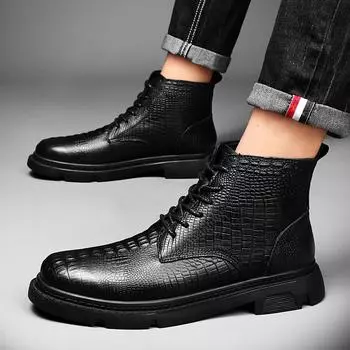 Luxury Fashion Mens Chelsea Boots Genuine Leather Ankle Boots Men Lace-Up Business Shoes Cowhide Fur Warm Winter Boot for Men 38