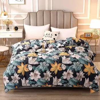 Luxury Flower Style Cotton Duvet Cover Skin-friendly Soft Bedding White Floral Botanical Pattern Comforter Cover with Zipper 150x200cm Single 1Pc