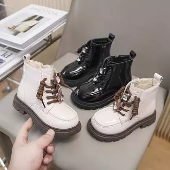 Luxury Girl Winter Boots Cute Rabbit Kids Fashion Princess Ankle Boots Thick Bottom Glossy PU Children Cotton Boots Side Zipper 26 чёрный