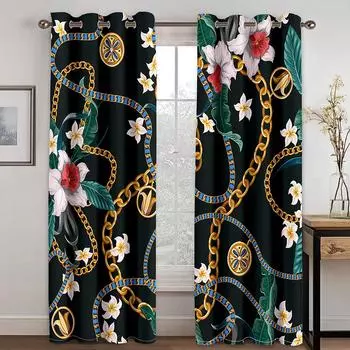 Luxury Gold Chain Flower Pattern Shade Curtain 2 Panels Living Room Bedroom Home Decor Curtain Punch Hooks 100W130H(CM)40x51in&Hook