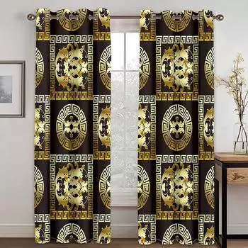 Luxury Gold Classical Abstract Geometric European Baroque2Pcs Window Curtains For Kids Bedroom Living Room Bathroom Kicthen Door W50 X H130(CM)X2&Hook