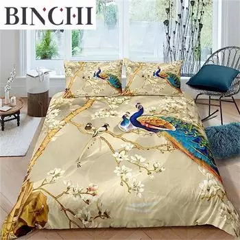 Luxury Golden Duvet Cover Peacock Comforter Cover Peacock With Floral Bedding Set For Adults Girls Animals Botanical Bedspread EU single(135x200cm)