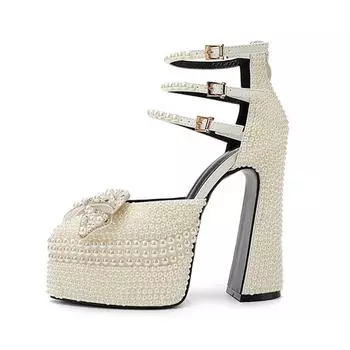 Luxury Handmade Full Pearls Rhinestones Bowknot Women Pumps Fashion Ankle Strap Platform Wedges High heels Banquet Wedding Shoes 35