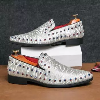 Luxury Handmade Men s Shoes Pointed Toe Leather Dress Shoes Men Slip on Gold Oxfords for Men Partry/Wedding 6 серебряный