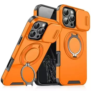 Luxury Heavy-Duty Rugged Armor Magnetic Bracket Case For iPhone 16 14 13 12 11 15 Pro Max Plus Slide Camera Protection PC Cover For iphone16