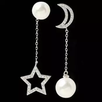 Luxury Imitation Star Moon Asymmetry Long Earrings Elegant Lady Jewelry ADM серебряный
