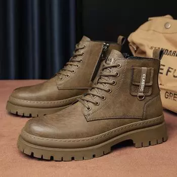 Luxury Leather Men Ankle Boots British Style High Top Boots Outdoor Work Casual Shoes Motorcycle Combat Boots Fashion 39 чёрный