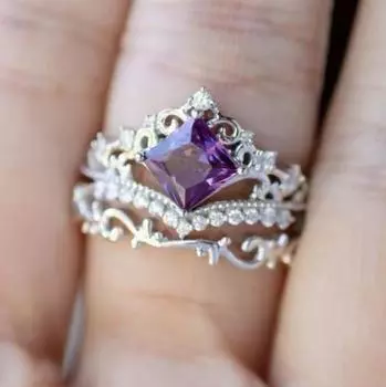 Luxury Light Luxury Princess Crown Silver Ring, European and American Jewelry Inlaid with Purple Colored Diamond Ring for Women No. 6