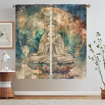 Роскошные шторы для гостиной по акции Бесплатная доставка Буддийские заметки Оконные прозрачные шторы для гостиной 2 элегантных элемента Кудри W50xH70cmx2pcs-CL