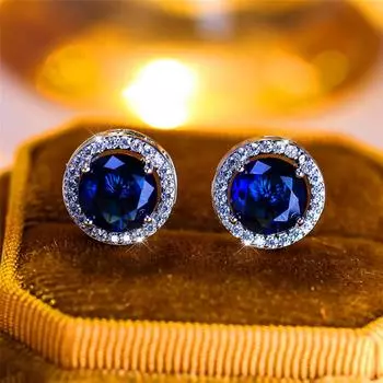Luxury Male Female Crystal Purple Blue Green Round Stud Earrings Silver Color Wedding Jewelry For Women Men