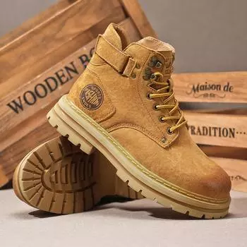 Luxury Men Suede Leather Round Toe Boots Vintage High Top Casual Shoes Fashion Lace-up Outdoor Ankle Boots Male Motorcycle Boots 38