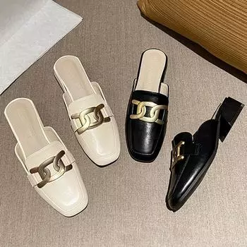 Роскошные женские тапочки с металлическими цепочками, ленивые туфли без застежек, женские туфли на низком толстом каблуке, сандалии с квадратным носком, Femme Babouche 4.5 чёрный