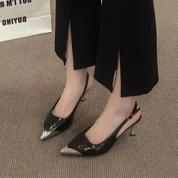 Luxury Metal Designer 2025 Summer New Office Women Sandals Fashion Pointed Toe Shallow Mouth Slingback Sandals Women High Heels 35