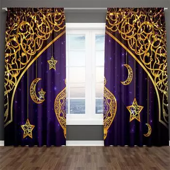 Luxury Muslim Ramadan Festival Shading Drapes Darkening Window Curtain Set for Living Room Bedroom Decor 2 Pieces Free Shiping 100W130H(CM)40x51in&Hook