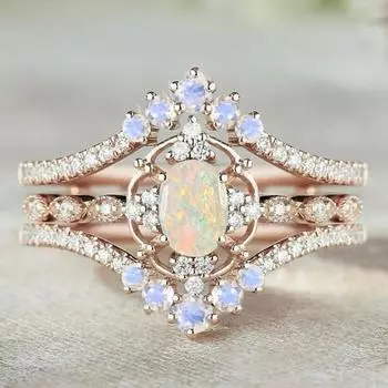 Luxury New European and American inlaid Opal ring, light luxury fashion two-piece ring, rose gold ring for women No. 6