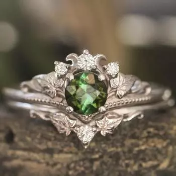 Luxury New Floral Ring, Silver Inlaid with Green Zircon Branch Crown Ring for Women No. 6