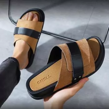 Luxury new outerwear summer casual thick sole anti slip EVA frosted fabric leather outdoor one line business men s slippers 40-41 чёрный
