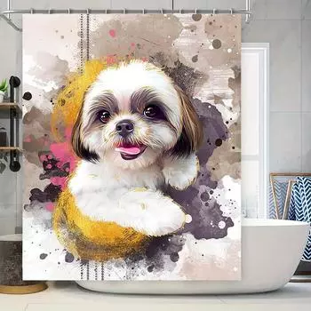 Luxury Oil Painting Dog Print Shower Curtain Waterproof Bathroom Decor Home Decoration Pink Tongue Shih Tzu Design Artistic Pet 90x180cm