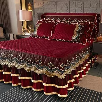 Luxury Padded Quilted Bed Skirt Set with Lace Embellishment Wrinkle & Fade Resistant, Includes 1 Bed Skirt and 2 Pillowcases, 1.5m bed skirt 3pcs set