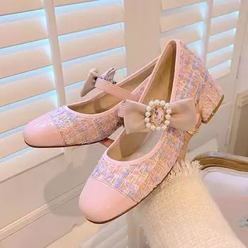Luxury pearl buckle design Mary Jane shoes girls sweet pink bow high heels Women Elegant French Dress Pumps Fashion Single Shoes 35 чёрный